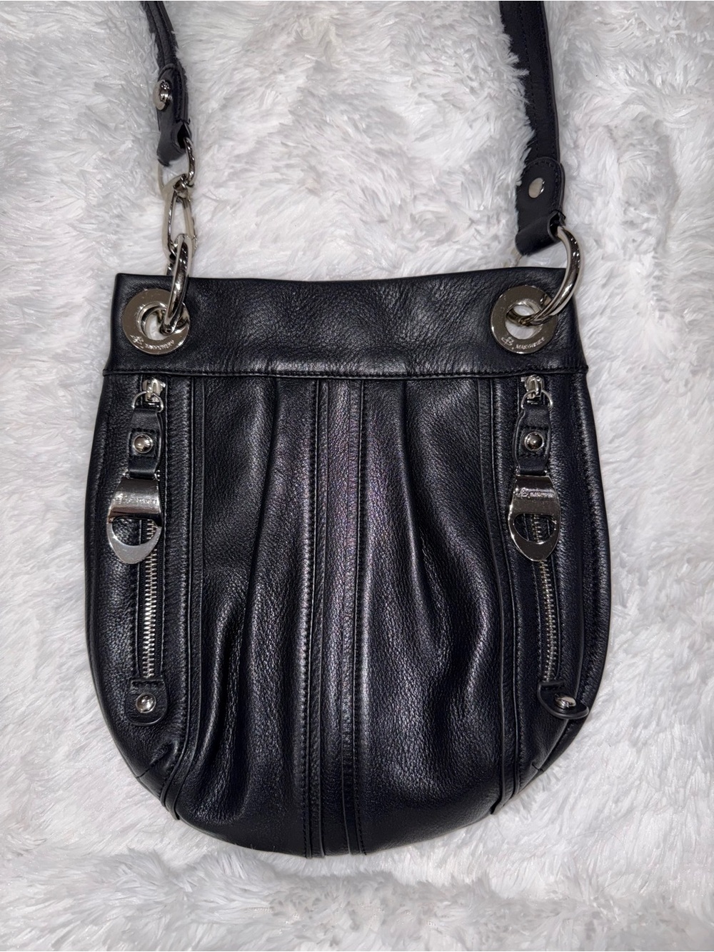b. makowsky Black Leather Shoulder Bag with Silver-Tone Hardware